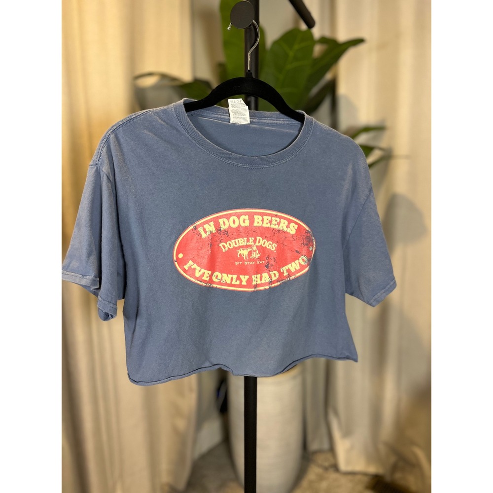 Fruit of the Loom Double Dogs Graphic Crop Top T-Shirt Blue Womens Medium